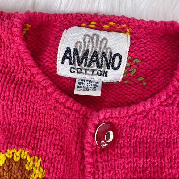 Vintage Amano Cotton Pink Sunflower Cardigan Hand Knit Sweater Women’s One Size - Picture 3 of 10